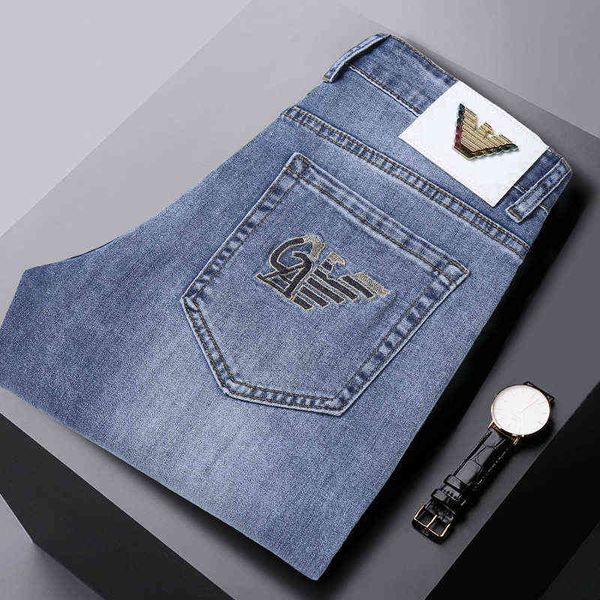

color light men's jeans straight slim leggings summer thin youth elastic mid waist casual pants, Blue