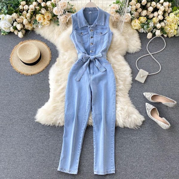 

women denim jeans sashes jumpsuits pockets single breasted turn-down collar sleeveless woman fashion jean outfits drop shipping, Black;white