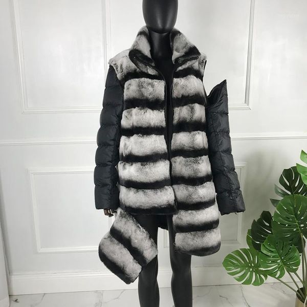

jacket women fashion chinchilla fur coat 90 cm long detachable outwear autumn winter new real rex fur overcoat1, Black