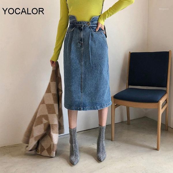 

2020 spring summer women slim midi jean skirt high waist straight loose streetwear skirts female pockets blue denim skirts1, Black