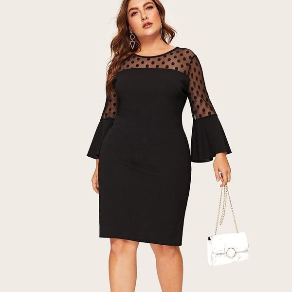 

2021 vestido dress women plus size o-neck flare sleeve polka dot mesh patchwork midi dress party dresses vestido de mujer #25, Black;gray