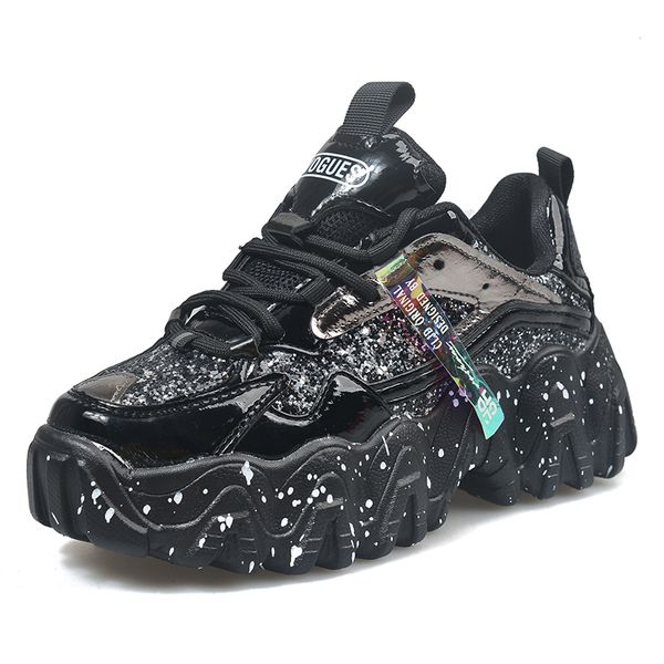 

2021 the new luxury sequins platform sports fall lace up to thick woman fashions laser high women's shoes mujer dp9s, Black