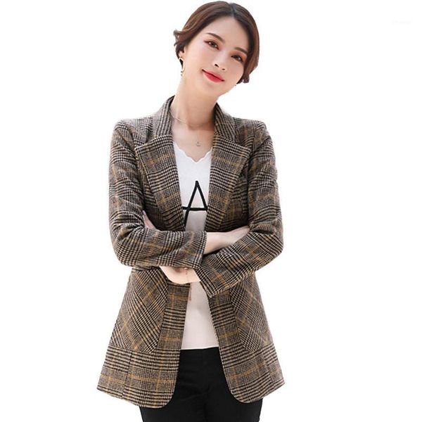 

2020 vintage blazers office lady notched collar plaid women blazer single button autumn jacket casual pockets female suits coat1, White;black