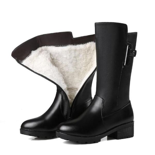 

boots plus size winter fashion warm snow women inisde plush wool genuine leather thick heel non-slip in-tube, Black