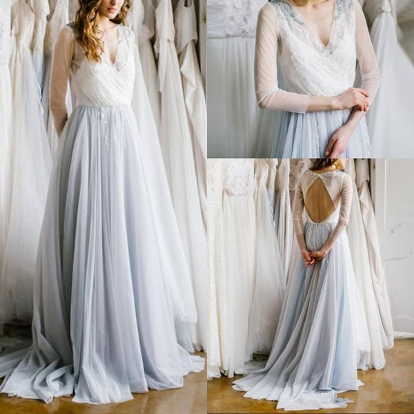 

modest white sky blue chiffon a line wedding dress long sleeves v neck floor length vestidos de novia with lace appliques beads
