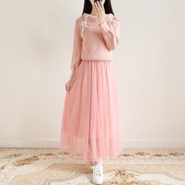 

new 2021 beginning autumn retro sweater net thread skirt long suit elegant high 4 colour mesh dress of two parts y467 30zk oydi, Gray