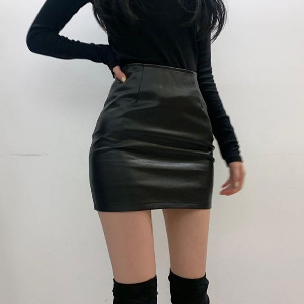 

skirts 2021 high waist bag hip thin pu short skirt tight black leather
