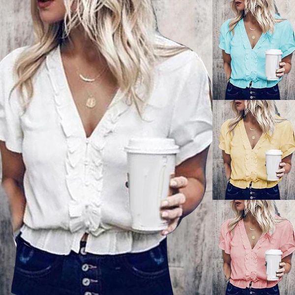 

casual women shirt solid color short sleeve deep v neck ruffled hem blouse new1, White