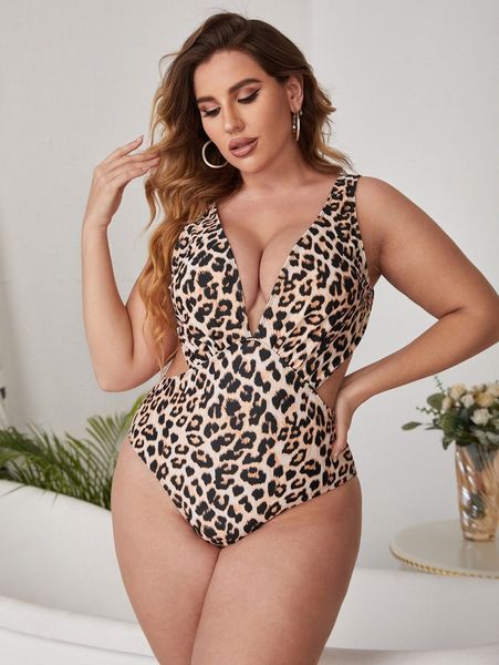 

plus leopard cut-out one piece swimsuit m3jg#, Black