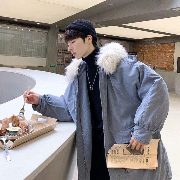

2020 korean version fur collar cotton-padded jacket for men in winter down medium long coat cotton-padded jacket1, Black