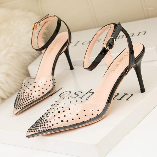 

summer women transparent high heels sandals rhinestone stiletto party pumps clear pointed toe ankle strap ladies wedding shoes1, Black