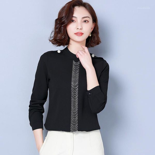 

women's blouses & shirts 2021 arrival spring/autumn korean style women long sleeve button design blouse elegant slim stand collar chiff, White