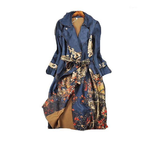 

europe station 2020 autumn and winter new casual batik full sleeve long turn-down collar belt slim print women trench1, Tan;black