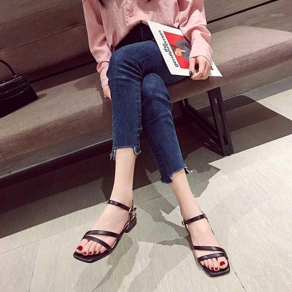 

concise low heel sandals women black beige ankle strap sandals women shoes summer soft leather open toe low heels 20201