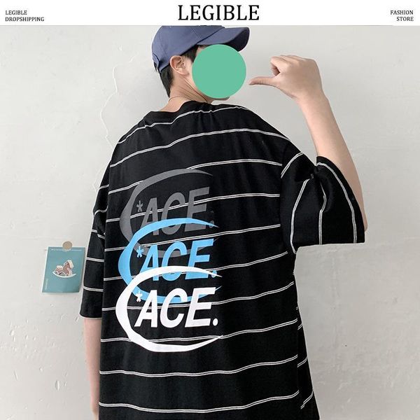 

legible korean t-shirts men striped streetwear 2020 summer mens loose casual short sleeve tees male t shirts japan1, White;black