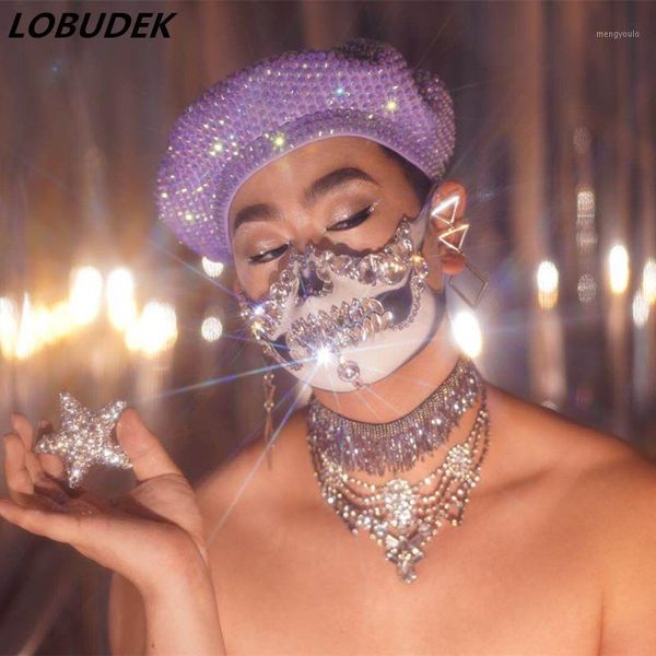 

full rhinestones hat headgear bar nightclub party dj male female singer stage performance ornament red crystals cap accessories1, Black;red