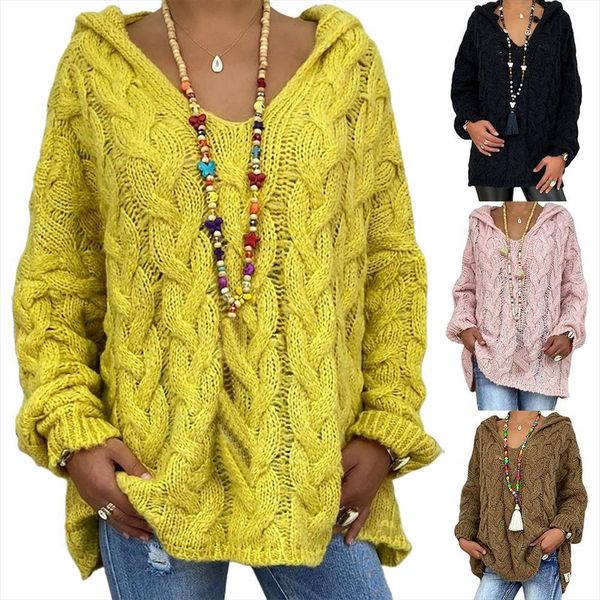 

women autumn solid color long sleeve braided hooded pullover knitted sweater braided design with hood loose style casual sweater, White;black