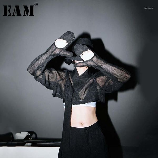 

[eam] women black perspective big size short blouse new lapel long sleeve loose fit shirt fashion tide spring summer 2020 1w2331, White