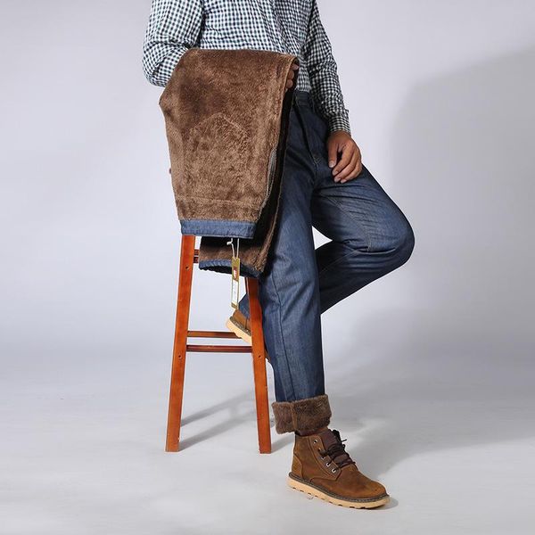 

men's jeans 2021 winter straight business super large fat plus size pants denim add velvet, Blue