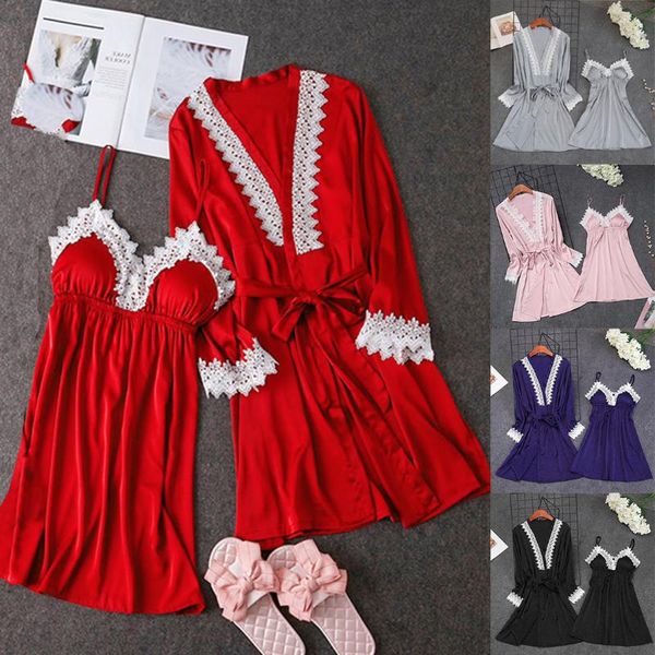 

fashion women thin pajamas set solid sleepwear robe dress faux silk home wear lace camisole transparent two-piece set, Black;red