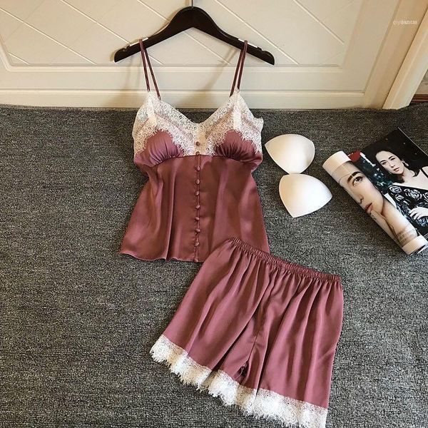 

sleep lounge pajama set satin sleepwear women summer pyjama underwear female pajamas for women with chest pad11, Black;red