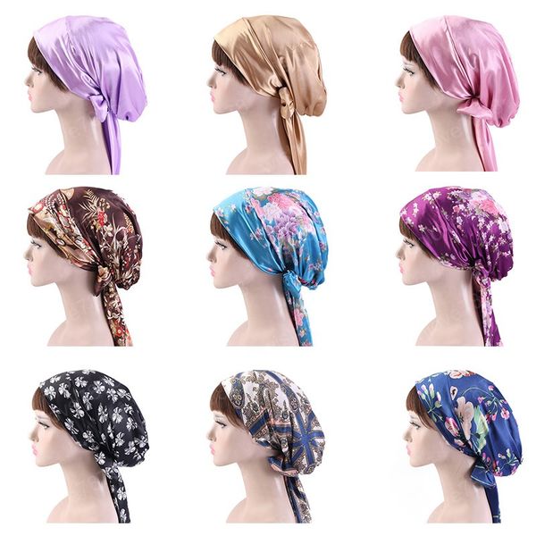 

new women silk satin night sleeping cap head wrap bowknot turban pre tied fitted bandana chemo cap nightcap hair loss patients, Blue;gray