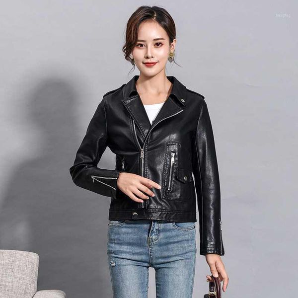 

women leather basic jacket casual slim soft motorcycle faux leather biker jacket female coat puls size1, Black