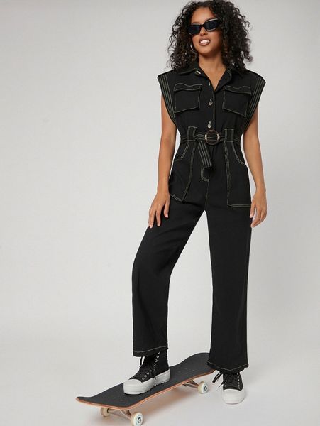 

flap pocket stitching belted shirt jumpsuit 29jc#, White