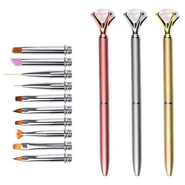 

nail brushes 10 in 1 changeable metal rhinestone art brush pen gel polish decoration painting drawing tool manicure, Yellow