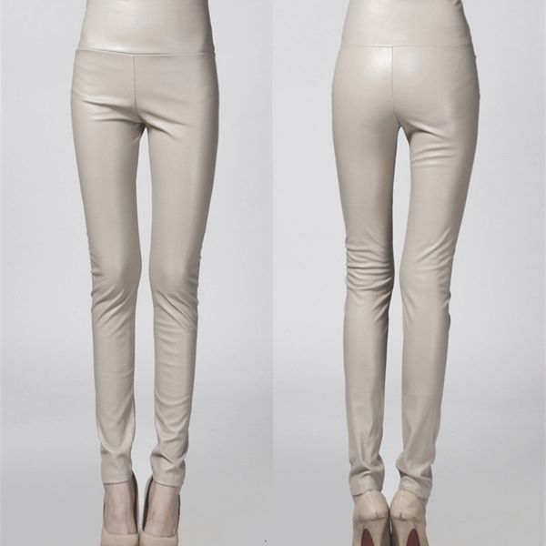 

women leather pants thin spring autumn high waist slim elastic pu pencil pants for woman black white y200418