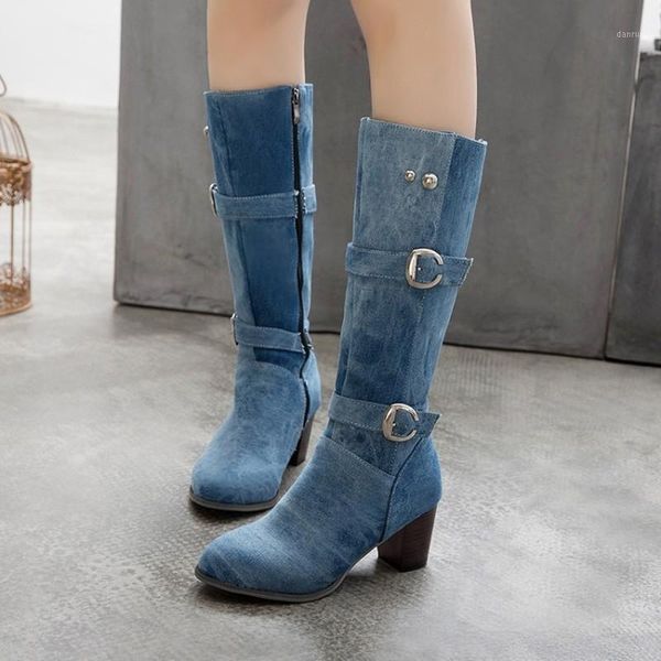 

boots us4-13 womens denim jeans belt buckle mid calf rivet block chunky heel motorcycle shoes warm winter 3colors plus sz c8541, Black