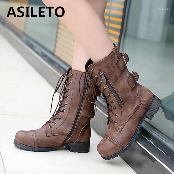 

asileto ankle boots women boots autumn winter motorcycle buckle women shoes lace up army hiking combat booties a10431, Black