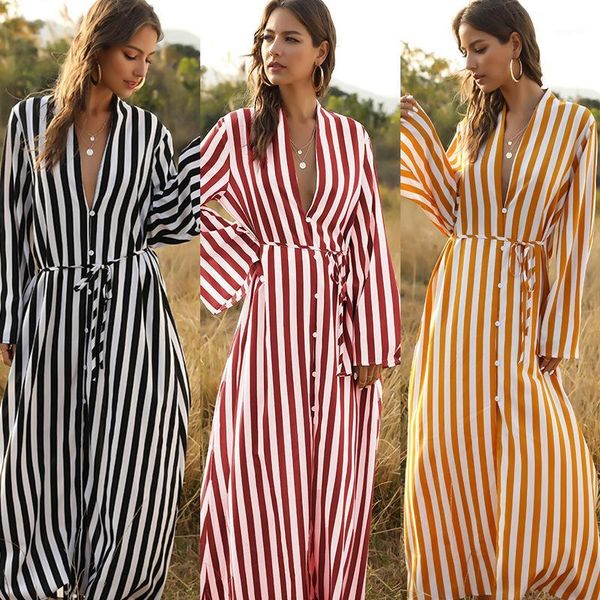 

2020 bikini cover-ups kimono cardigan striped summer beach dress white cotton tunic women beach wear swim suit cover up1, White;black