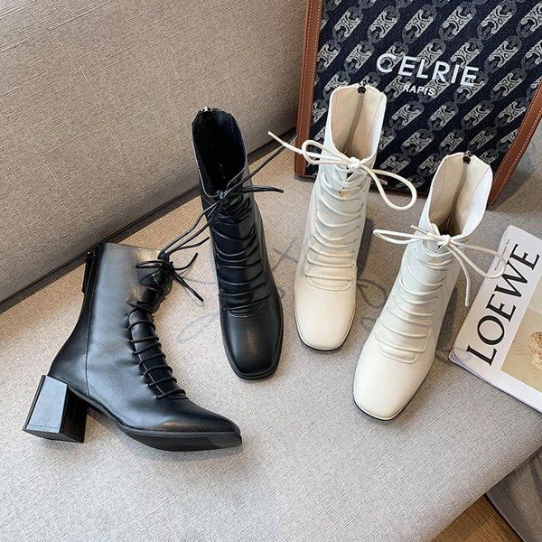 

женские высокие каблуки сапоги 2020 осень нового способа квадратная голова толстый каблук ботинка женщин вскользь узелок кожа лодыжки пинетк, Black