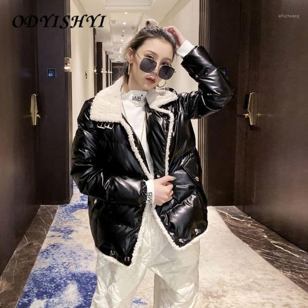 

2020 autumn winter new fashion wild jacket women stitching lamb wool down cotton coats ladies thick warm outerwear parkas dh3511, Black