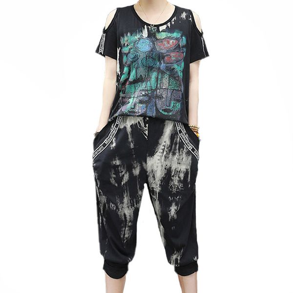 

fashions ladies out shoulder and hare pants luxury printed 2 piece defines female tracksuits jbxp, White