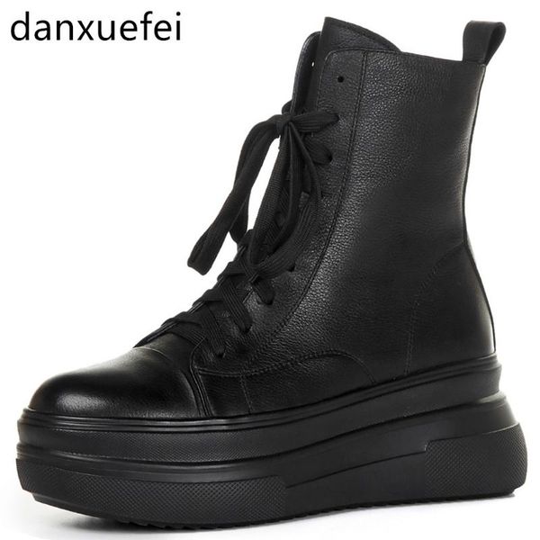 

boots women's genuine leather platform flats ankle lace-up casual thick sole punk short booties autumn motorcycle shoes, Black