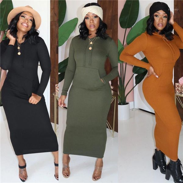 

zoctuo ribbed hooded maxi dress women autumn winter long sleeve dress front pockets casual knitted dresses fashion vestidos1, Black;gray