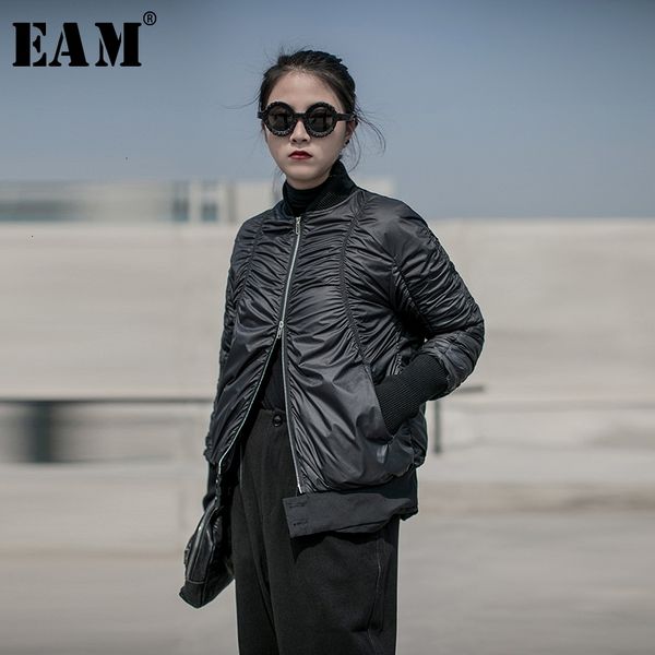 

[eam] loose fit pleated warm down jacket new hooded long sleeve warm women parkas fashion tide spring autumn 19a-a823 201027, Black