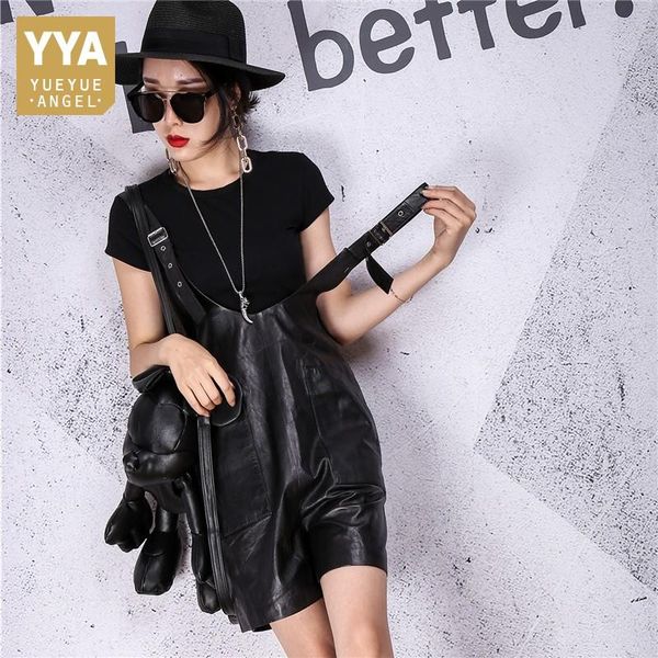 

women real sheepskin straps bib shorts streetwear overalls female casual loose fit genuine leather shorts rompers, White;black