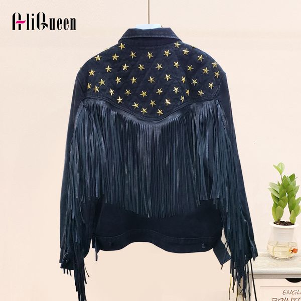 

women punk style cool denim jacket womens jackets and coats streetwear stars rivet long tassel short batwing jean coat outerwear, Black