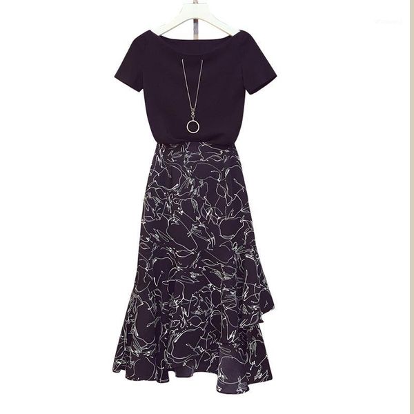 

summer women set cotton t shirt and chiffon ruffles skirt casual two piece suits large plus size 5xl matching set outfits1, White