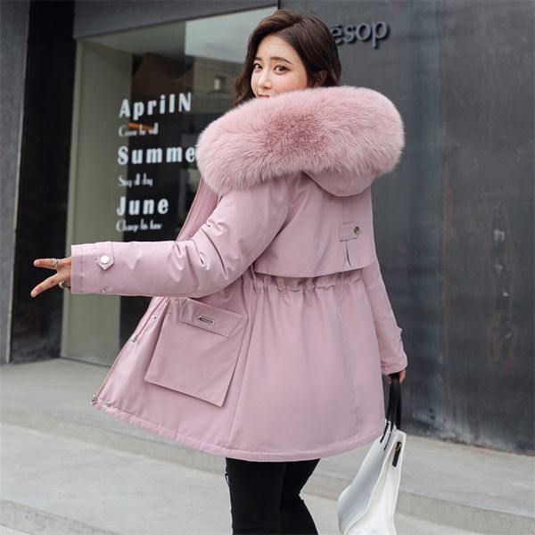 

long jacket women winter slim wool liner female cold coat hooded solid thick with fur collar plus size casual parkas female 201210, Black