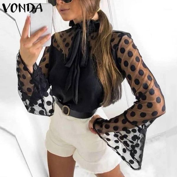

vonda women lace blouses 2020 long flare sleeve party vintage dot printed shirts office ladies femme blusas plus size1, White