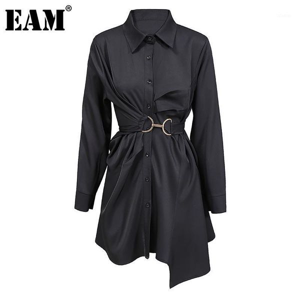 

[eam] women big size pleated metal circle blouse new lapel long sleeve loose fit shirt fashion tide spring autumn 2020 1dd07181, White
