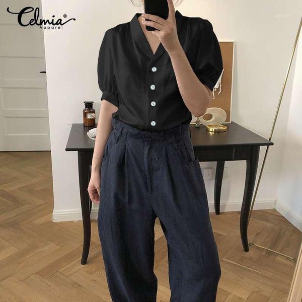 

celmia 2020 summer solid v-neck satin blouses women stylish short sleeve buttons pleated shirt slik plus size blusas 71, White