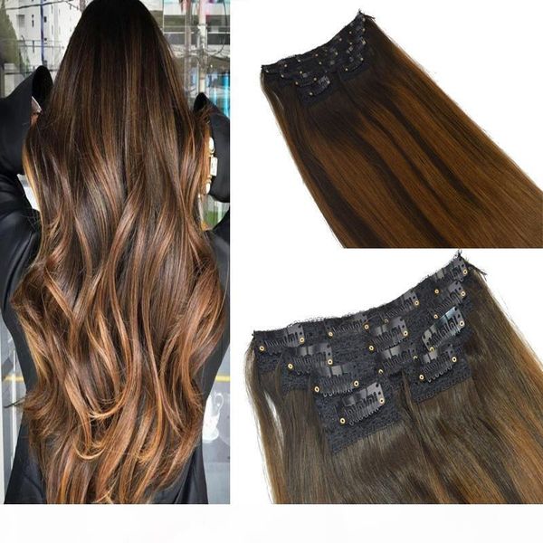 

straight hair 7pcs 120g color #2 fading to #6 ombre balayage extensions brazilian hair clip in hair extensions, Black;brown