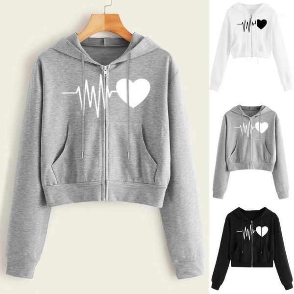 

women casual sweatshirt heartbeat print long sleeve zipper pocket shirt girl hooded blouse hoodie slim short streetwear1, Black