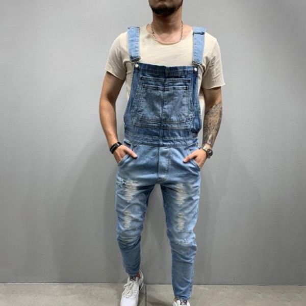 

laamei overalls for man suspender pants men jeans jumpsuits high street print autumn fashion denim jogging male working clothes, Blue