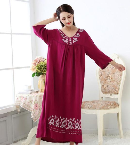 

women's plus size sleeping dress cotton embroidered nightgown loose comfortable home dress long nightdress sleepwear printed big1, Black;red